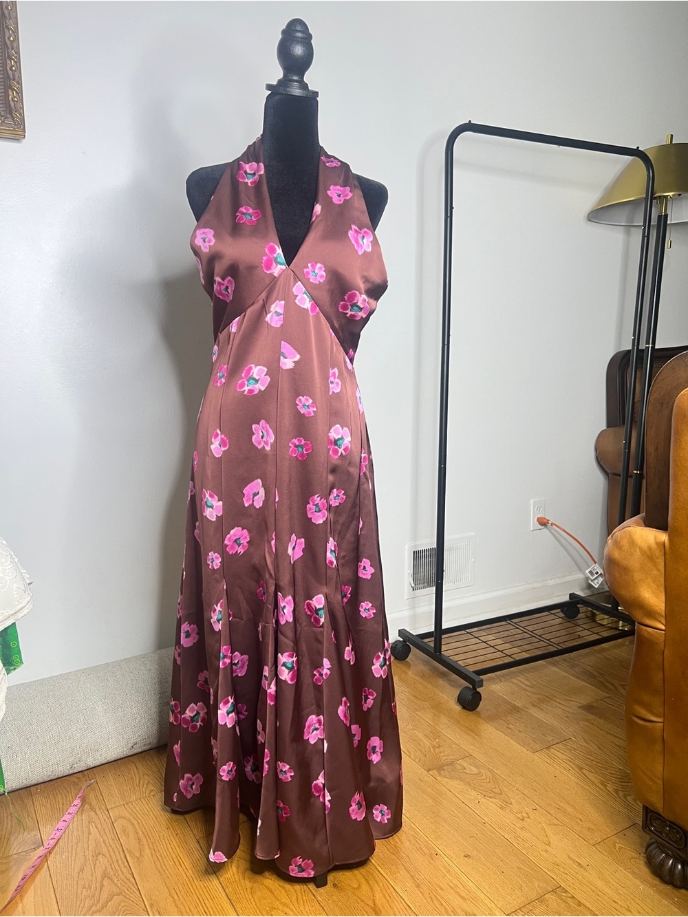 LOFT Brown Halter Maxi Dress with Pink Floral Print
